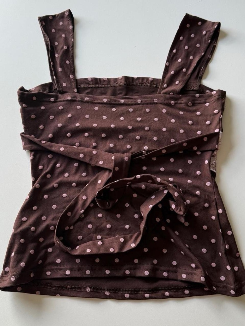 Polka Dot Lace Waist Cami Top in Brown and Light Pink - Picture 4 of 5